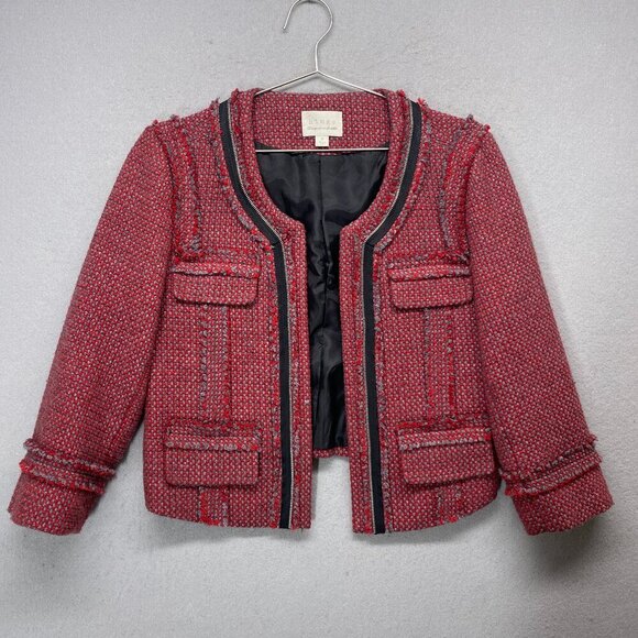 Hinge Cardigan Jacket Womens Medium Red Wool Blend Cropped Career Holiday - Picture 1 of 13